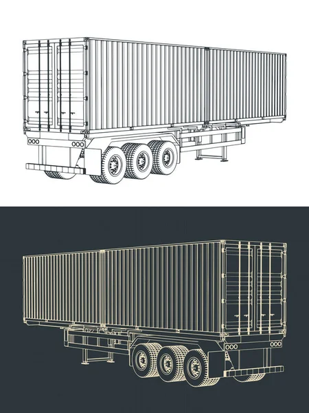 Gestileerde Vectorillustraties Van Blauwdrukken Van Drieassige Containeraanhangwagen — Stockvector