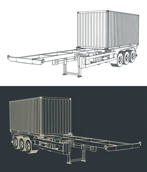 Gestileerde Vectorillustraties Van Blauwdrukken Van Drieassige Containeraanhangwagen — Stockvector