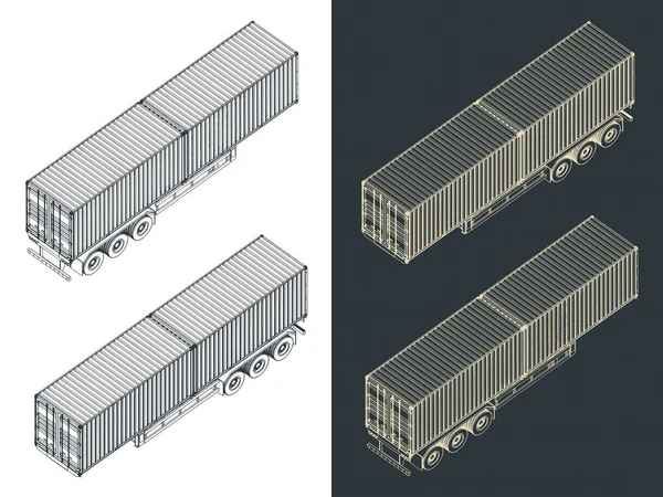 Illustrazioni Vettoriali Stilizzate Dei Progetti Isometrici Del Rimorchio Container Tre — Vettoriale Stock