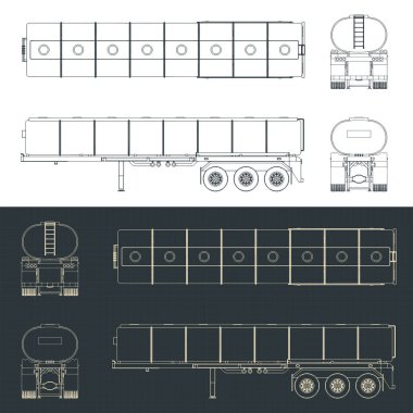 Tanker römorkunun planlarının biçimlendirilmiş vektör çizimleri