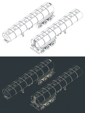 Tanker römorkunun izometrik planlarının stilize vektör çizimleri
