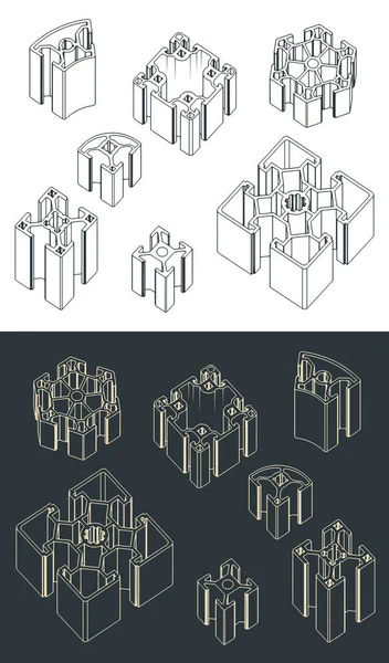 Ilustraciones Vectoriales Estilizadas Planos Isométricos Diferentes Tipos Tamaños Perfiles Aluminio — Archivo Imágenes Vectoriales