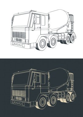Beton karıştırıcı kamyonun planlarının biçimlendirilmiş vektör çizimleri