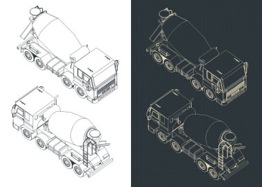 Beton karıştırıcı kamyonun izometrik planlarının biçimlendirilmiş vektör çizimleri