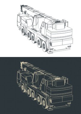 Mobil vinç planlarının stilize edilmiş çizimleri ve güçlü uzun teleskopik patlaması.