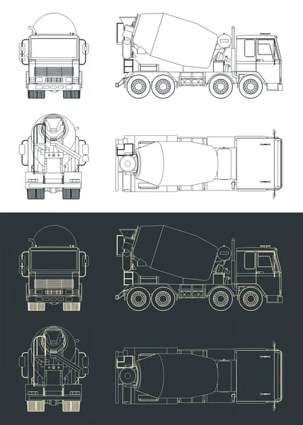 コンクリートミキサー車の設計図のスタイルベクトルイラスト — ストックベクタ