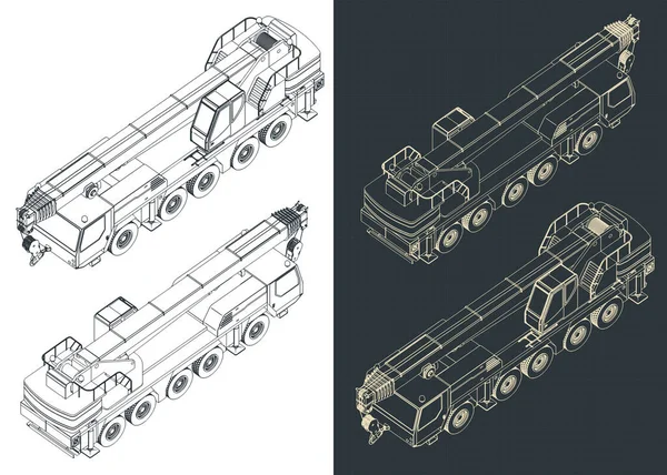 Stylized Vector Illustrations Isometric Blueprints Mobile Crane Powerful Long Telescopic — Stock Vector