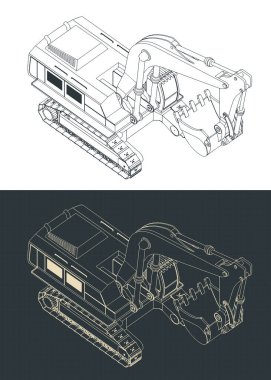 Büyük bir kazıcının izometrik planlarının biçimlendirilmiş vektör çizimleri