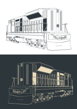 Dizel lokomotifin çizimlerinin biçimlendirilmiş vektör çizimleri
