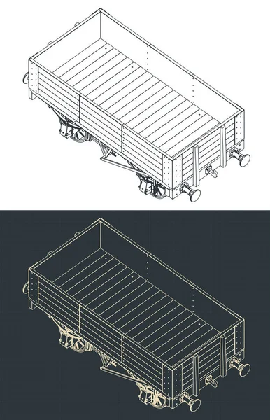 5 tahta kömür vagonunun izometrik planlarının stilize vektör çizimleri