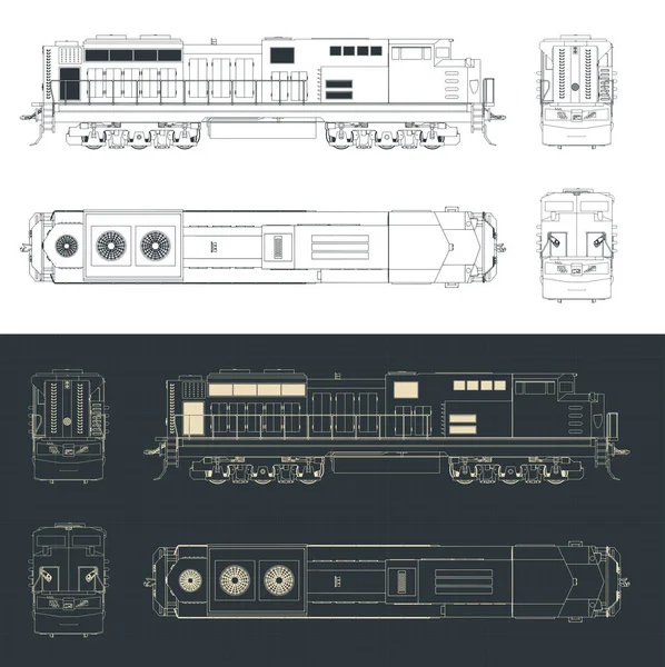 Stilisierte Vektorillustrationen Von Bauplänen Der Lokomotive — Stockvektor