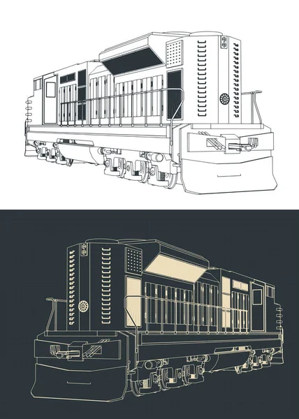 Stylizované Vektorové Ilustrace Výkresů Dieselové Lokomotivy — Stockový vektor