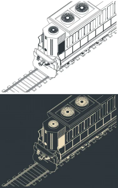 Illustrazioni Stilizzate Dei Modelli Isometrici Della Locomotiva Diesel Vicino — Vettoriale Stock