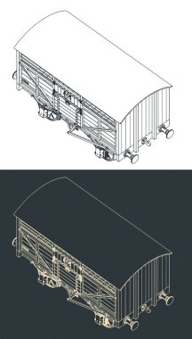Retro sığır vagonunun izometrik planlarının stilize vektör çizimleri