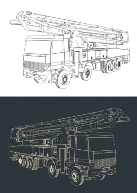 Beton pompa kamyonunun planlarının biçimlendirilmiş vektör çizimleri