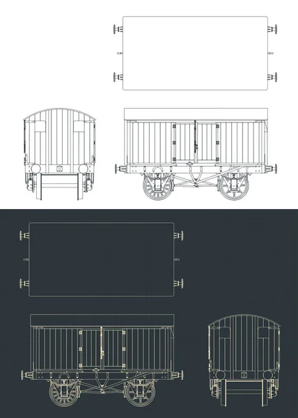 Stylizowane Wektorowe Ilustracje Planów Retro Wagonu Towarowego — Wektor stockowy