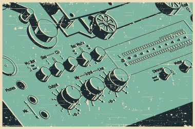 Retro poster tarzında yakın plan makaradan makaraya kayıt cihazının biçimlendirilmiş vektör illüstrasyonu