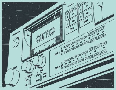 Retro poster tarzında bir teyp kayıt cihazının kaset destesinin biçimlendirilmiş vektör çizimi