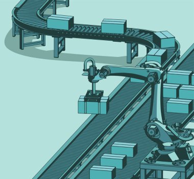 Otomatik fabrika taşıma hattının biçimlendirilmiş vektör illüstrasyonu