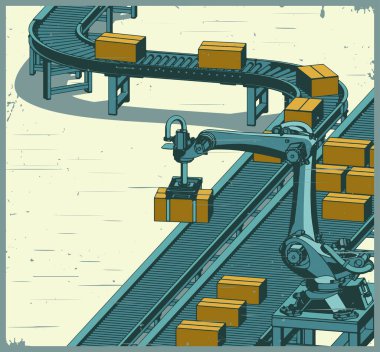 Retro poster tarzında robotik fabrika taşıyıcı çizgisi stilize edilmiş vektör çizimi