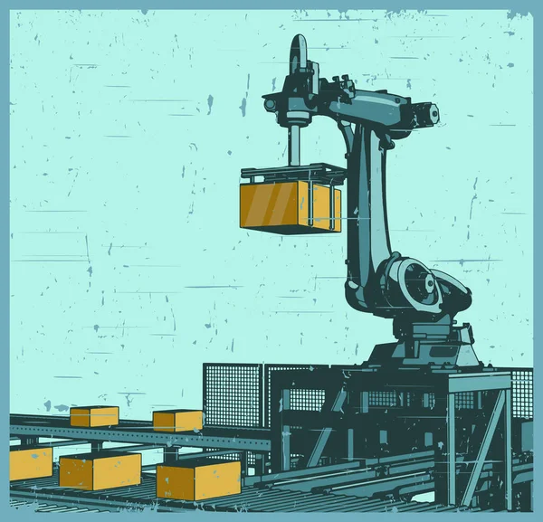 Stylizovaná Vektorová Ilustrace Robotické Tovární Dopravníkové Linky Stylu Retro Plakátu — Stockový vektor