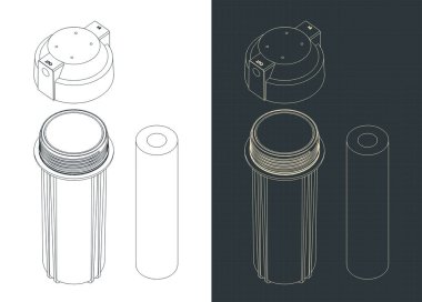 Ters osmoz ön filtre kasesi ve karbon filtresinin izometrik planlarının biçimlendirilmiş vektör çizimleri