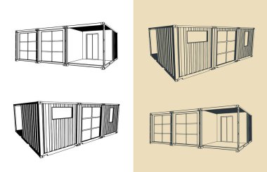 Modüler konteyner evinin biçimlendirilmiş vektör çizimleri