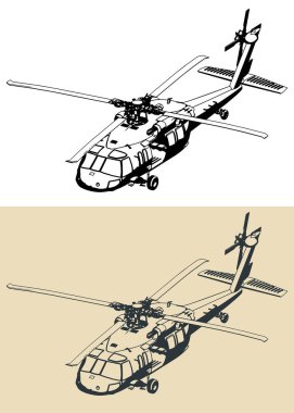 Dört-bıçaklı, çift motorlu, orta-asansörlü araç helikopterinin biçimlendirilmiş vektör çizimi