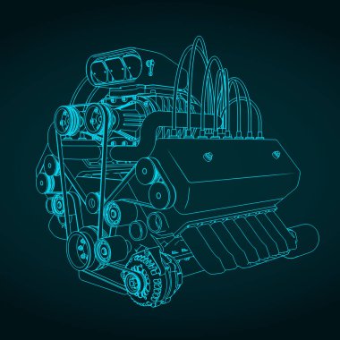 Güçlü turboşarjlı V-motorunun planının biçimlendirilmiş vektör çizimi