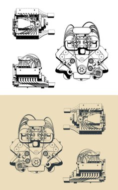 Güçlü turbo şarjlı V motorunun planlarının biçimlendirilmiş vektör çizimleri