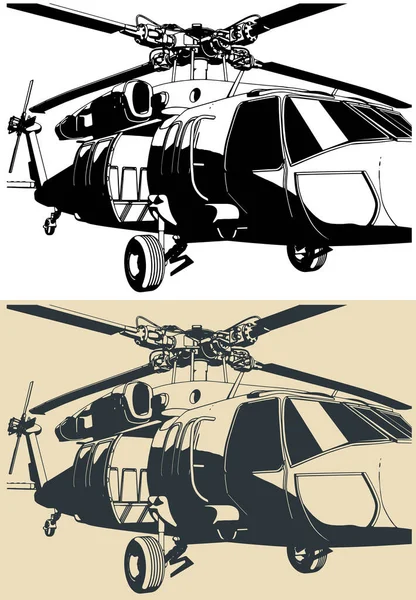 Stiliserad Vektor Illustration Fyrbladig Tvillingmotor Medeltunga Lyft Verktyg Helikopter Närbild — Stock vektor