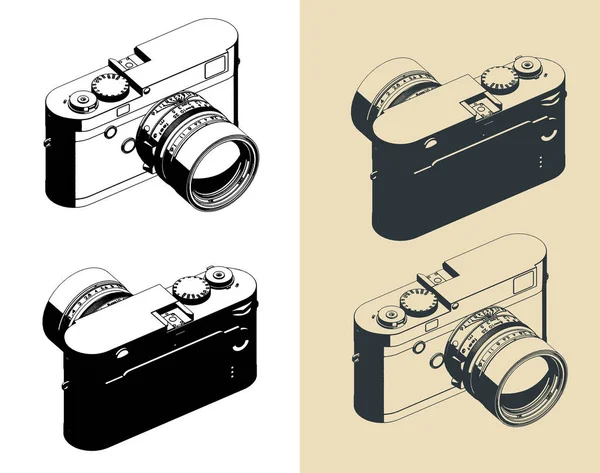 Aynasız Aralık Bulucu Kameranın Stilize Vektör Izometrik Çizimleri — Stok Vektör