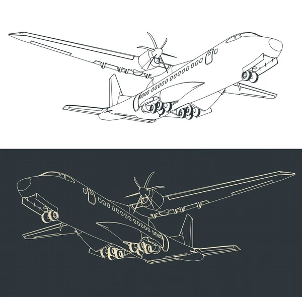 Stylized Vector Illustrations Blueprints Turboprop Transport Aircraft — Stock Vector