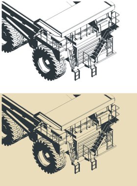 Dev maden kamyonunun stilize edilmiş vektör çizimleri.