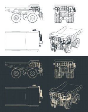 Dev maden kamyonu projelerinin stilize edilmiş vektör çizimleri