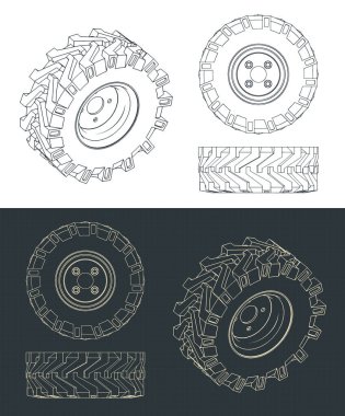 Traktör tekerleğinin planlarının biçimlendirilmiş vektör çizimi