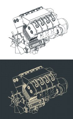 Turbo dizel motorun izometrik planlarının biçimlendirilmiş vektör çizimleri