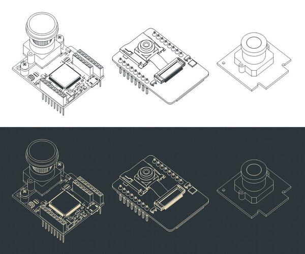 Stylized vector illustrations of drawings of different camera modules on circuit boards