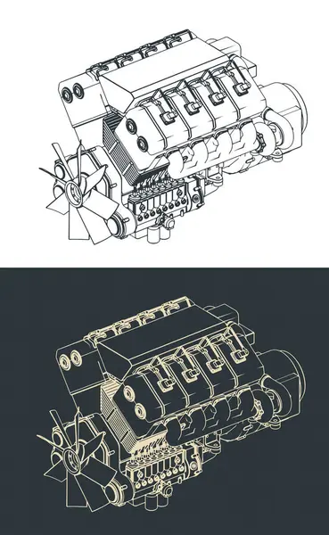 ターボディーゼルエンジンのイソメトリックブループリントのスタイルベクターイラスト ストックイラスト