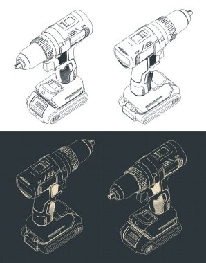 Profesyonel kablosuz matkabın izometrik planlarının stilize vektör çizimleri