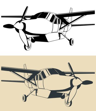 Hafif, tek motorlu, turboprop uçaklarının yakın plan çizimleri.