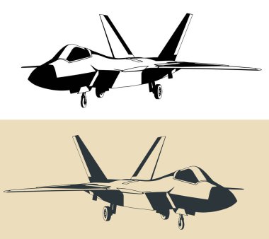 Modern bir askeri uçak F-22 Raptor 'un stilize edilmiş çizimi. Gizli savaş uçağı.