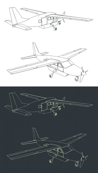 Stylized Vector Illustrations Blueprints Light Single Engine Turboprop Aircraft — Stock Vector