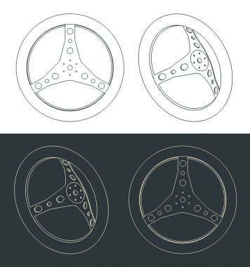 Bir spor araba direksiyonunun planlarının biçimlendirilmiş vektör çizimleri