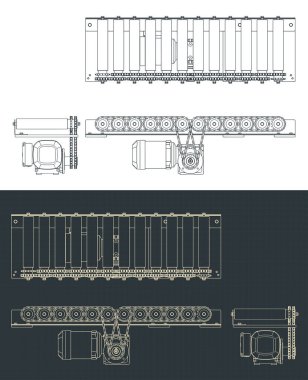 Zincir sürücüsü olan paten taşıyıcısının planlarının biçimlendirilmiş vektör çizimleri