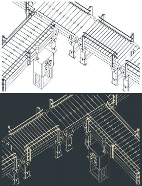 Otomatik fabrika taşıma hattının izometrik planlarının stilize vektör çizimleri