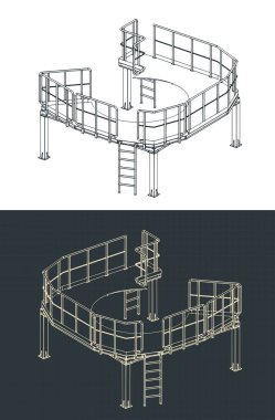 Bir servis metal yapı platformunun izometrik planlarının biçimlendirilmiş vektör çizimleri