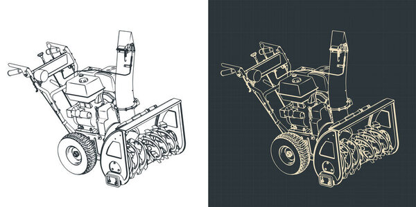 Stylized vector illustration of isometric blueprints of snowblower