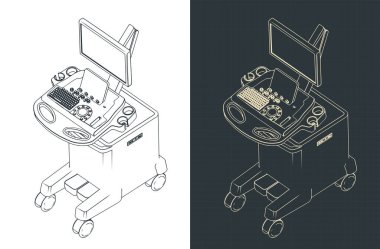 Ultrason makinesinin izometrik planlarının biçimlendirilmiş vektör çizimi