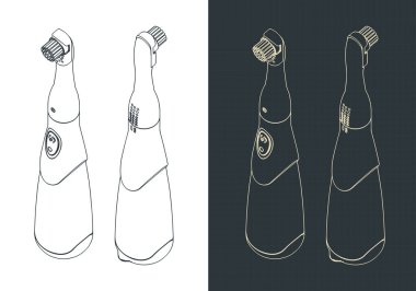 Elektrikli diş fırçasının izometrik planlarının biçimlendirilmiş vektör çizimleri